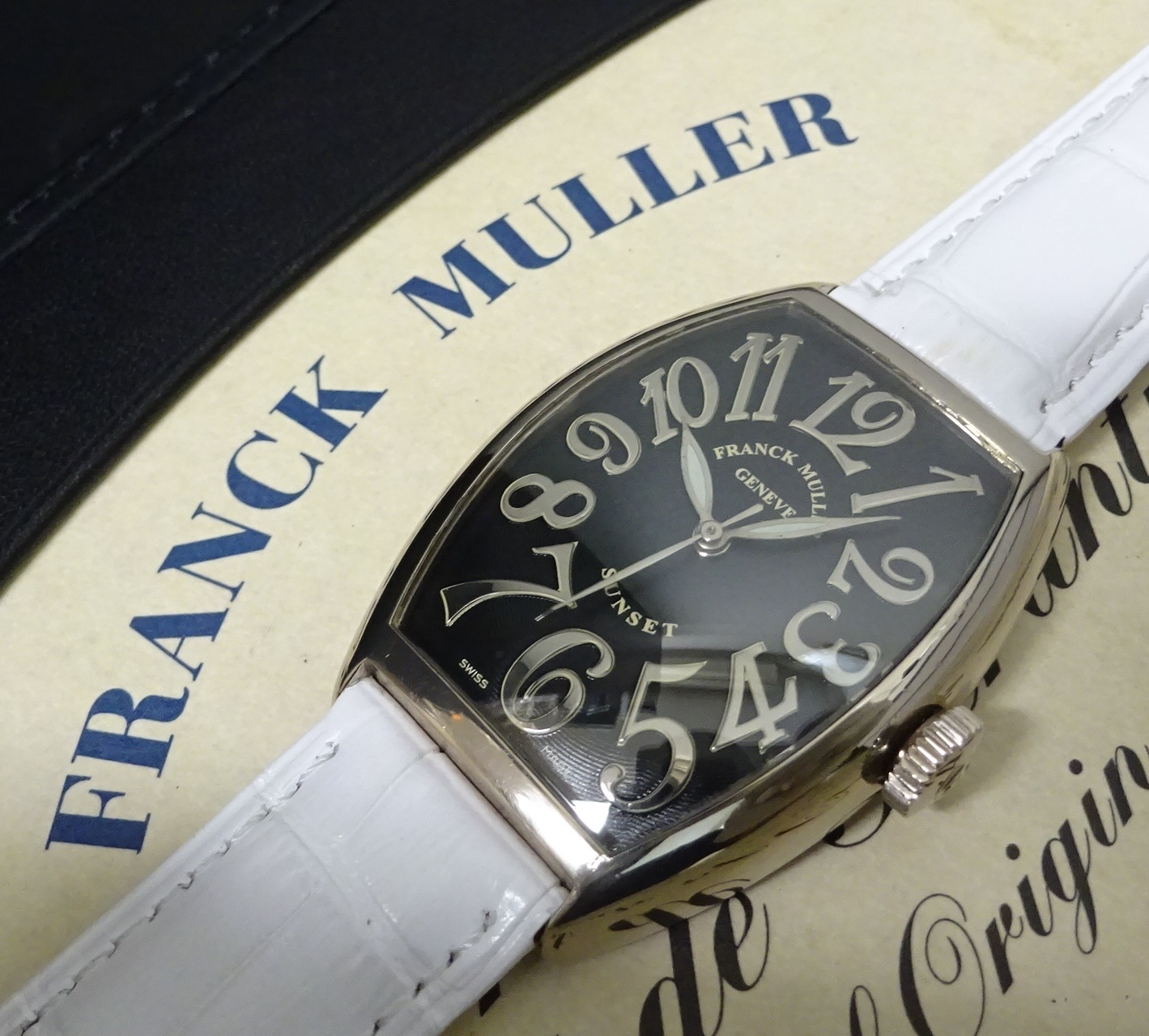 保証期間K18WG 金無垢 FRANCK MULLER フランクミュラー 5850 サンセット 黒文字盤 メンズ 自動巻 国際保証書あり 純正内外箱あり 本物 サンセット